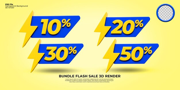 pacchetto di sconto vendita flash rendering 3D 10, 20, 30, 50, elemento percentuale trasparente verde e giallo