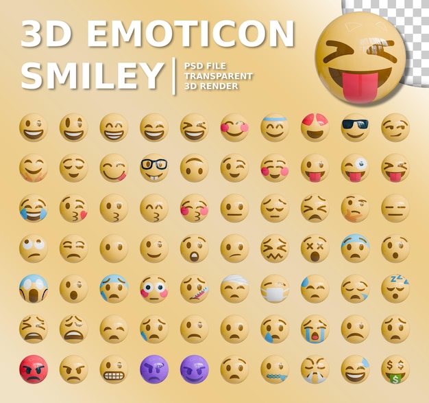 Pacchetto emoji 3D con varie espressioni facciali in stile lucido