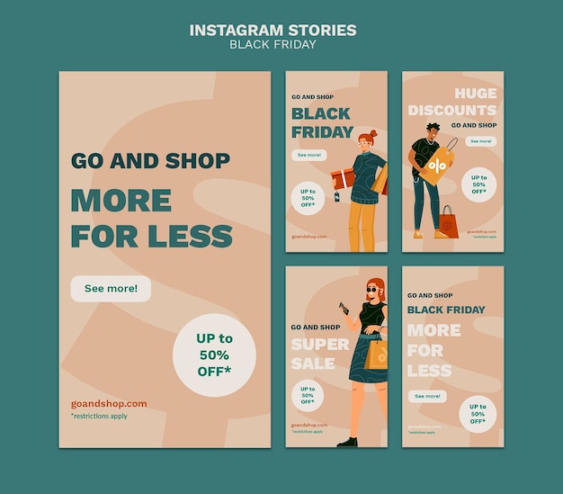 Pacchetto illustrato di storie sui social media del Black Friday