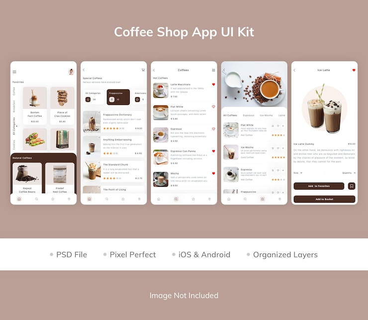 PSD pacchetto kit interfaccia utente dell'app coffee shop