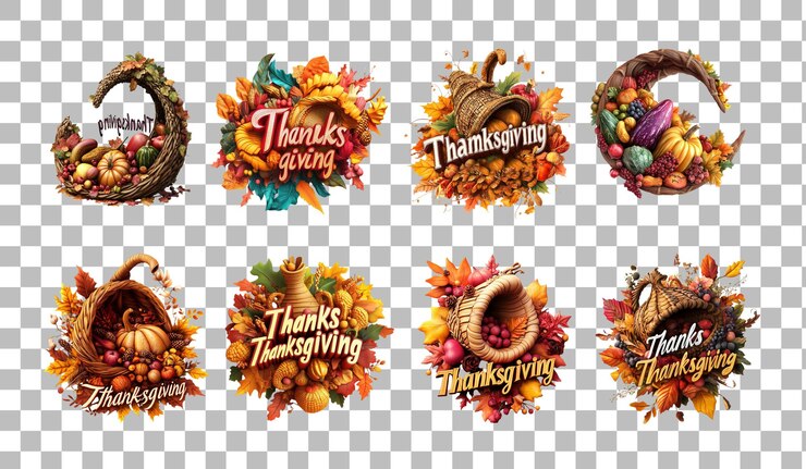 PSD pacchetto png di una tipografia in stile cornucopia che dice thanksgiving sullo sfondo trasparente