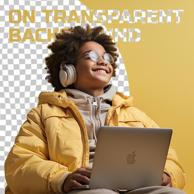 PSD pacific islander boy calm kinky hair programmer style eyes closed smiling pastel yellow background 100 personagens