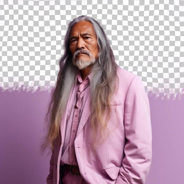 Pacific islander senior zesty mediator long hair leaning pastel mauve wall 100 char title