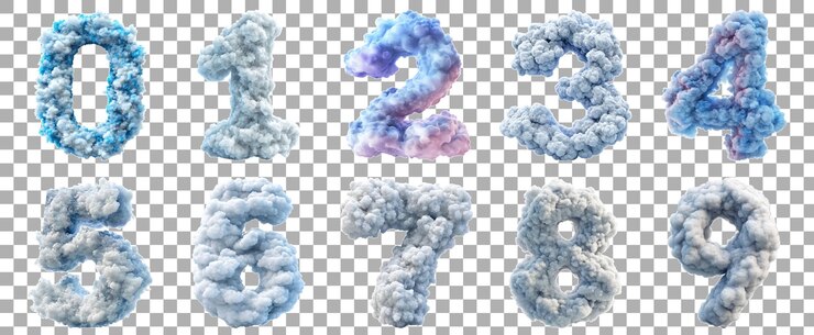 PSD pack 0 a 9 números nubes esponjosas conjunto de estilo sobre fondo transparente para proyectos de diseño moderno marca creativa o aplicaciones de tipografía únicas