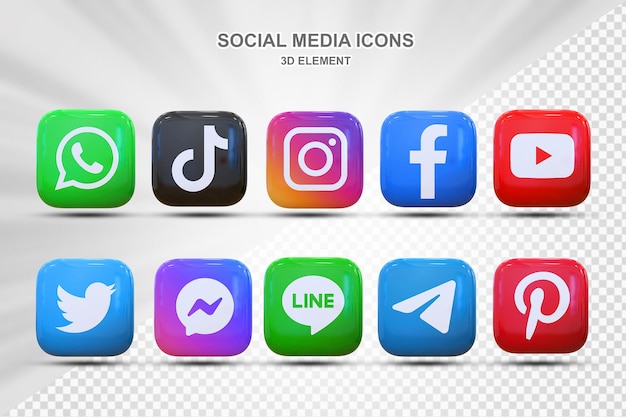 PSD pack 3d d'icônes de médias sociaux avec logos facebook instagram twitter tiktok youtube