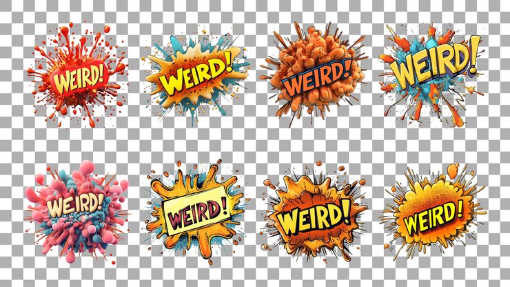 PSD pack explosion de cómics con el texto weird en tipografía en negrita en un fondo transparente para campañas divertidas o inesperadas