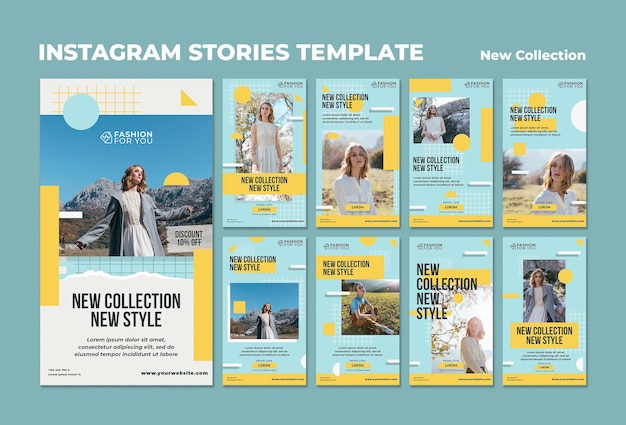 PSD pack de historias de instagram para colección de moda con mujer en la naturaleza