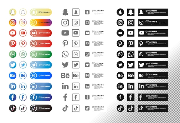 Pack de iconos de redes sociales sobre superficie transparente
