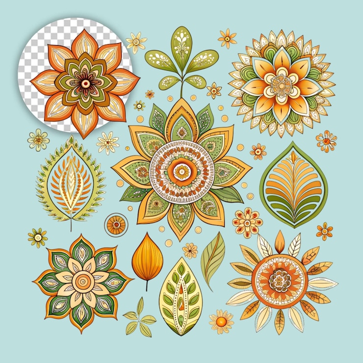 PSD pack of hand drawn mandalas on transparent background