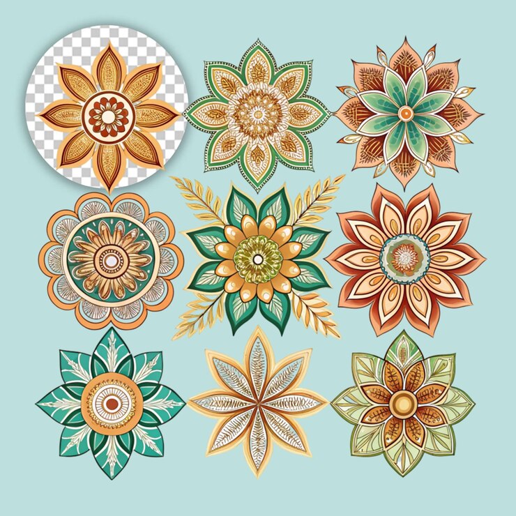 PSD pack of hand drawn mandalas on transparent background