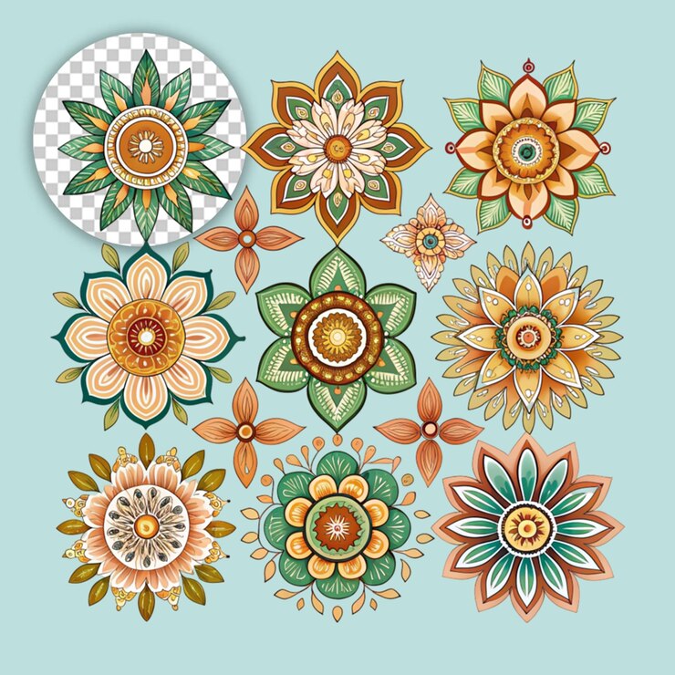 PSD pack of hand drawn mandalas on transparent background