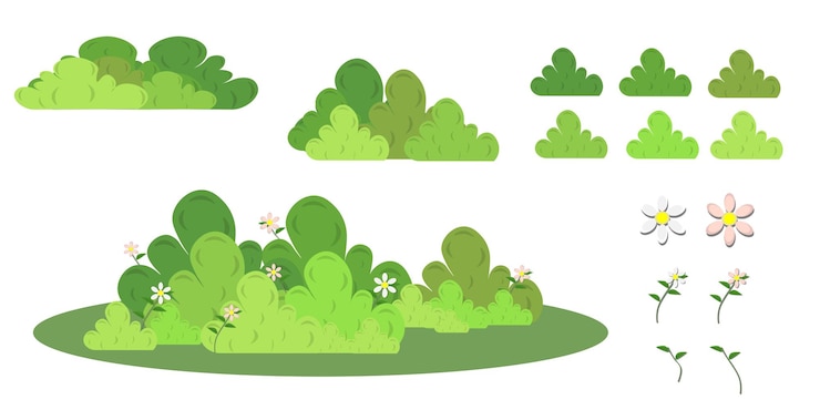 PSD pack vectoriel d'herbe et de fleurs colorées 6 grappes multicolores et 3 champs pré-conçus pour le jardin
