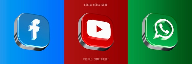 PSD packs d'icônes 3d pour les médias sociaux effet réaliste en platine brillant pour la publicité et les sites web
