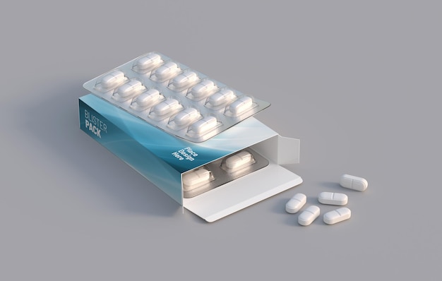 Pacote com duas bolhas com comprimidos de medicamentos Renderização em 3d de modelo de maquete