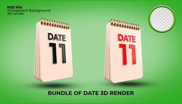 Pacote de 3d render ilustração número data 11 para evento dia da semana, feriado, calendário 3d, programação 3d