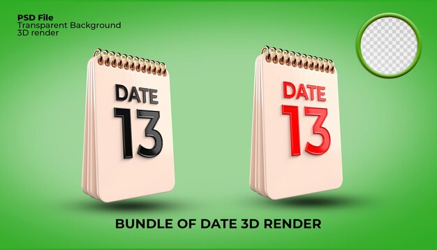 Pacote de 3d render ilustração número data 13 para evento dia da semana, feriado, calendário 3d, programação 3d