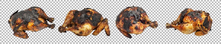 PSD pacote de assado de frango queimado em fundo transparente para discussões culinárias, apresentações de segurança alimentar ou conteúdo visual relacionado a refeições cozidas demais