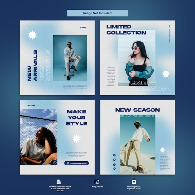 Pacote de conjunto minimalista de design de modelo de postagem do Instagram azul gradiente Premium