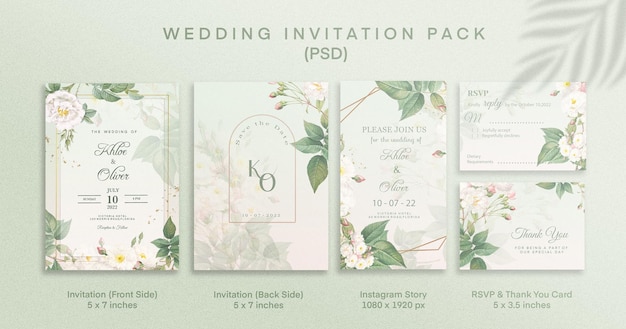Pacote de convite de casamento verde com rsvp, agradecimento e história do instagram