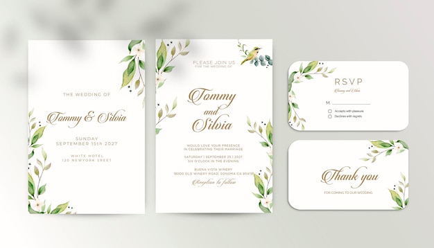 pacote de convite de casamento vintage com folhas de aquarela
