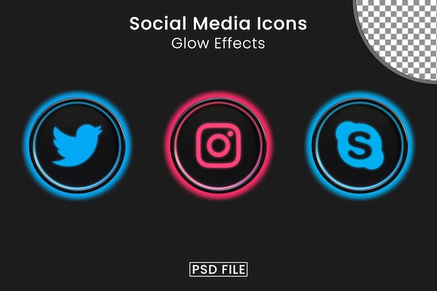 PSD pacote de ícones de mídia social com efeitos de brilho