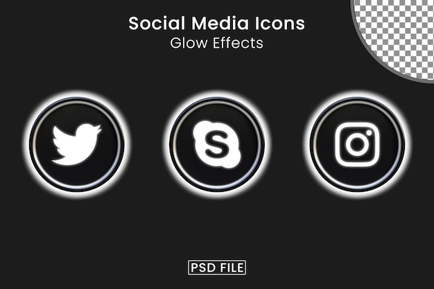 PSD pacote de ícones de mídia social com efeitos de brilho