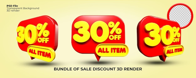 Pacote de notificação de bolha de renderização 3d, venda de desconto, número promocional, voucher de 30% vermelho