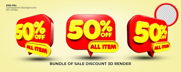 Pacote de notificação de bolha de renderização 3d, venda de desconto, número promocional, voucher de 50% vermelho