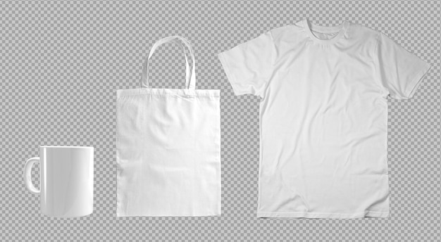 Pacote de T-shirt branco Tote Bag e Mug em fundo transparente