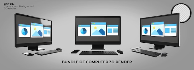 PSD pacote de trabalho de trabalho conjunto de monitor de desktop de renderização 3d, freelancer, relatório, negócios, editor, designer