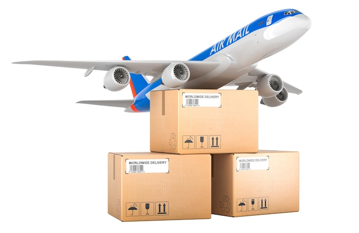 PSD pacotes com avião de correio conceito de frete aéreo renderização 3d isolada em fundo transparente