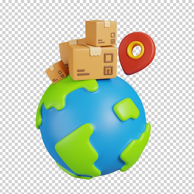 Pacotes de entrega de remessa internacional globo terra e pino de localização Ícone de compras on-line 3D