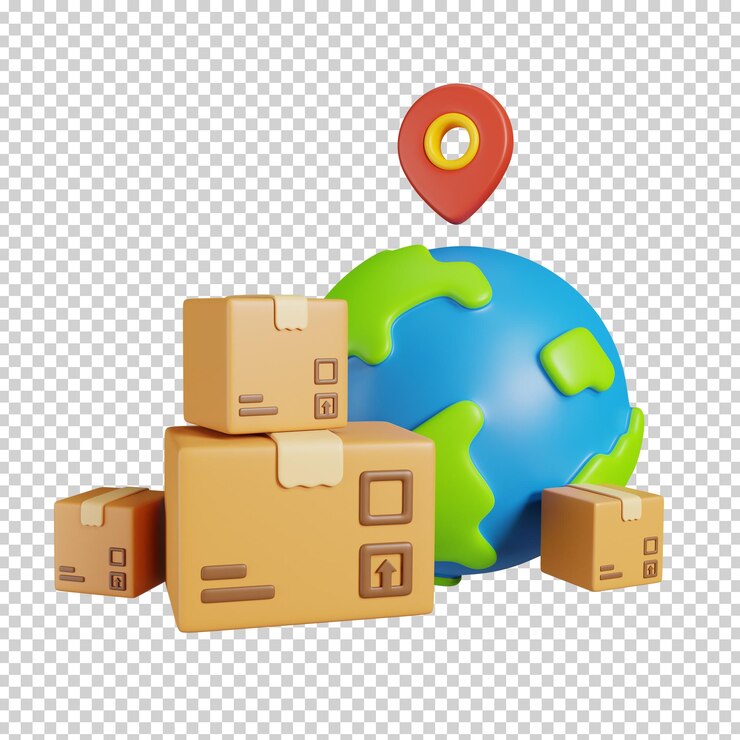 PSD pacotes de entrega de remessa internacional globo terra e pino de localização ícone de compras on-line 3d