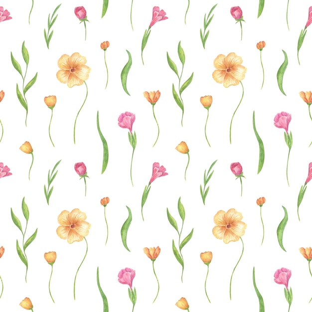 Padrão de aquarela floral sem costura ervas rosas e amarelas