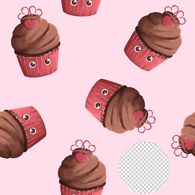 Padrão de cupcake de chocolate fofo de dia dos namorados no fundo rosa