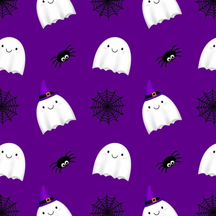 Padrão raster de Halloween com fantasmas, teias de aranha e aranhas em um fundo roxo