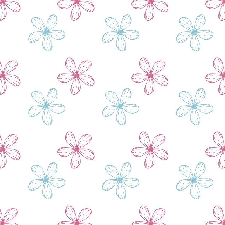 PSD padrão raster repetitivo com contornos lineares de flores cor-de-rosa e azul