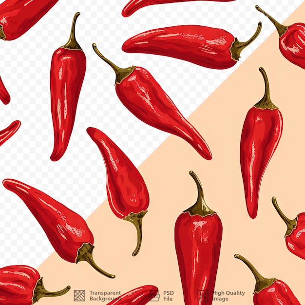 PSD padrão repetitivo de ilustração de pimenta vermelha picante em fundo transparente com design gráfico sem costura