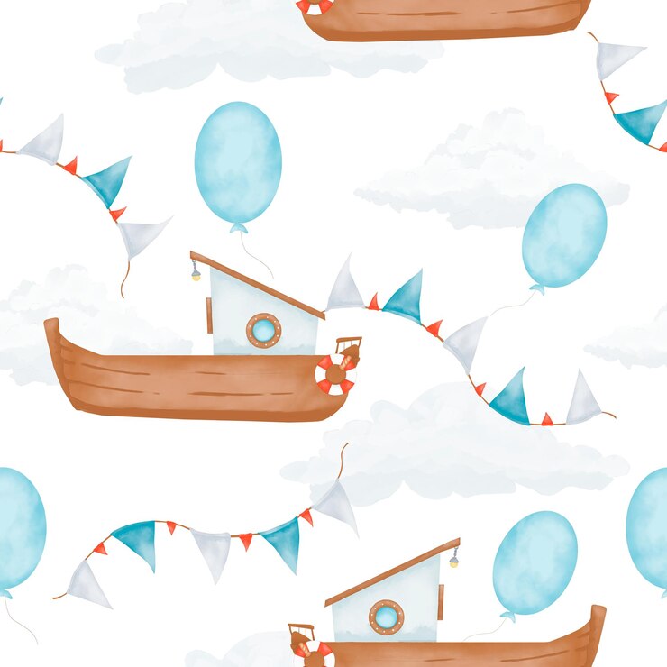 PSD padrão sem costura com barcos nuvens guirlandas com bandeiras e balões ilustração a aquarela