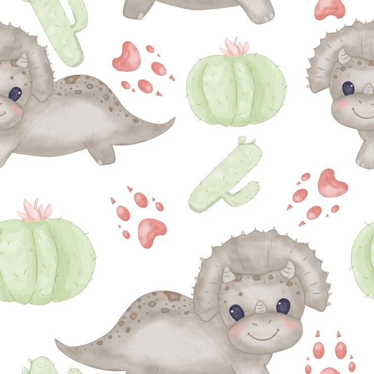 PSD padrão sem costura com impressões de patas de dinossauros cactos ilustração de aquarela de cores para crianças