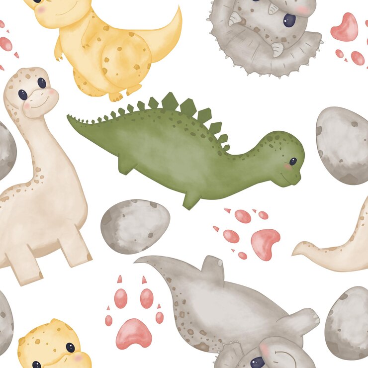 PSD padrão sem costura com impressões de patas de dinossauros e ovos ilustração de aquarela colorida para crianças