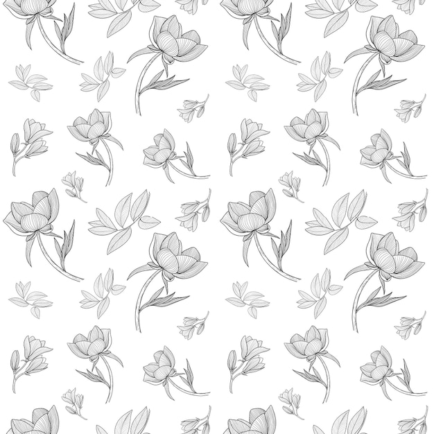 Padrão sem costura de flores de peônia em pintura digital de estilo line art