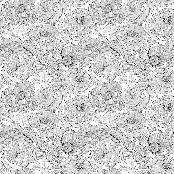 PSD padrão sem costura de rosas e papoulas em pintura digital de estilo line art