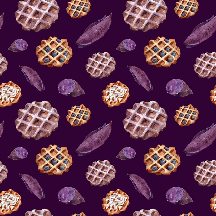 PSD padrão sem costura de waffles de batata doce roxa doce ilustração de aquarela desenhada à mão