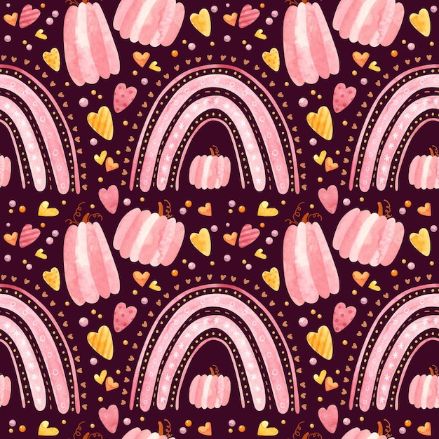 Padrão sem costura do Halloween do bebê com arco-íris rosa e abóboras Fundo infantil fofo PSD