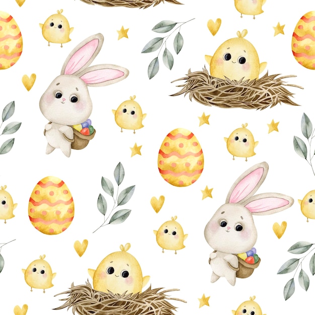 Padrão sem costuras com frango de coelho de Páscoa e ovos sem fundo.