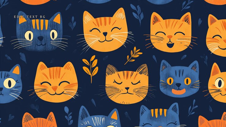 PSD padrão sem costuras com gatos de desenho animado bonitos em laranja e azul em fundo escuro