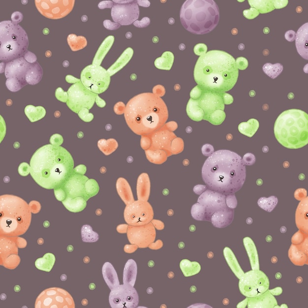 Padrão sem costuras de brinquedos macios desenhados em cores roxas laranja e verde urso coração bola de coelho