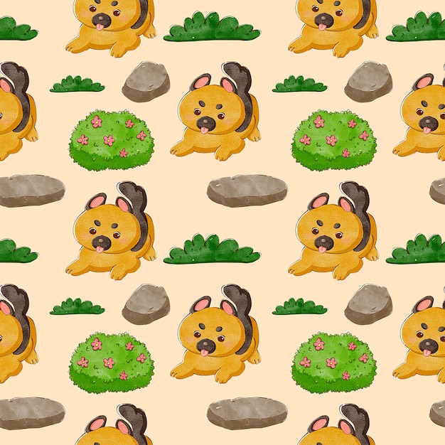 Padrão sem costuras de cães em um jardim