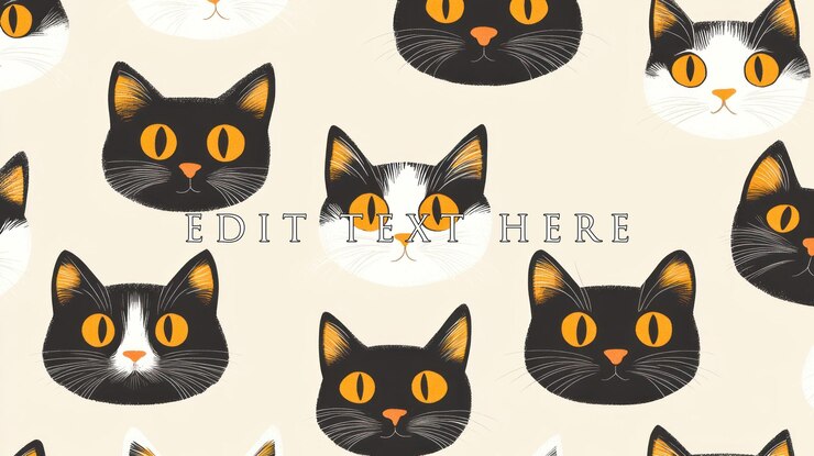PSD padrão sem costuras de carinhosas caras de gato preto e branco com olhos laranjas em um fundo bege